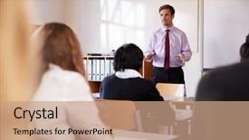  Presentation with teacher and students - Beautiful slides featuring paying college - teenage students listening to male backdrop and a coral colored foreground