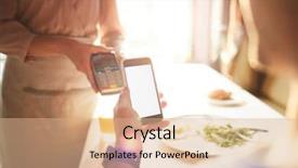  Presentation with online app - Slide deck having paying guest - close-up of man opening smartphone background and a coral colored foreground