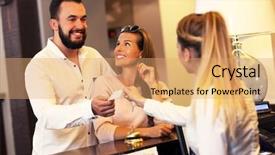  Presentation with receptionist - PPT layouts with paying guest - picture of couple and receptionist background and a coral colored foreground