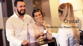  Presentation with receptionist - Cool new theme with paying guest - picture of couple and receptionist backdrop and a coral colored foreground