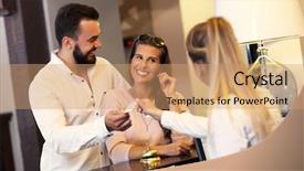  Presentation with receptionist - PPT theme with paying guest - picture of couple and receptionist background and a coral colored foreground