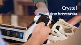  Presentation with grocery store - Presentation theme featuring payment for shopping at checkout background and a navy blue colored foreground