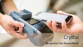  Presentation with pay - Presentation theme featuring payment methode - woman pay by cellphone background and a coral colored foreground