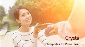  Presentation with pos - Cool new slides with payment methode - woman pay on pos machine backdrop and a lemonade colored foreground