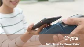  Presentation with pos - Slide deck having payment methode - woman pay on pos machine background and a coral colored foreground