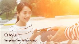  Presentation with pos - Presentation theme having payment methode - woman pay on pos machine background and a lemonade colored foreground