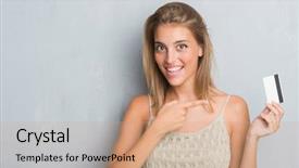  Presentation with credit card - Beautiful presentation featuring payment point - beautiful young woman over grunge backdrop and a coral colored foreground