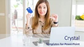  Presentation with online shopping - Theme enhanced with payment point - beautiful young woman shopping online background and a sky blue colored foreground