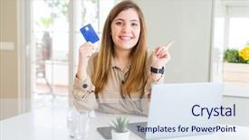  Presentation with online payment - Audience pleasing PPT layouts consisting of payment point - beautiful young woman shopping online backdrop and a sky blue colored foreground