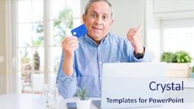  Presentation with online shopping - Audience pleasing presentation theme consisting of payment point - handsome senior man shopping online backdrop and a sky blue colored foreground