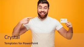  Presentation with credit card - Slide deck with payment point - portrait of a cheerful bearded background and a yellow colored foreground
