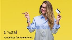  Presentation with blonde holding magnifying glass - Cool new PPT theme with payment point - young beautiful blonde woman holding backdrop and a yellow colored foreground