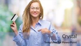  Presentation with blonde holding magnifying glass - Theme having payment point - young beautiful blonde woman holding background and a light blue colored foreground