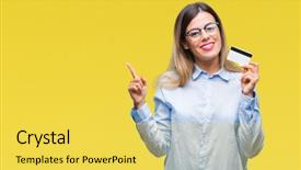  Presentation with business card - Slide set with payment point - young beautiful business woman holding background and a  colored foreground