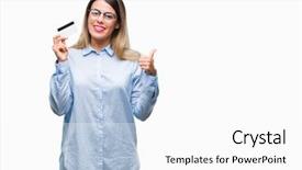  Presentation with business card - Theme with payment point - young beautiful business woman holding background and a  colored foreground