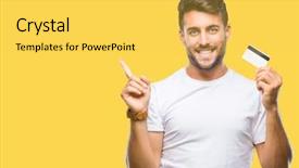  Presentation with credit card - Presentation design featuring payment point - young handsome man holding credit background and a yellow colored foreground