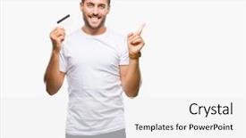  Presentation with credit risk - Slide deck enhanced with payment point - young handsome man holding credit background and a  colored foreground