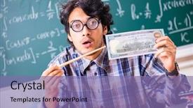  Presentation with dollar - Colorful slide set enhanced with money lessons - young student with dollar bill backdrop and a  colored foreground