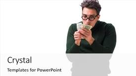  Presentation with money - Amazing presentation theme having payout - young man with money isolated backdrop and a  colored foreground