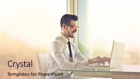  Presentation with employee - PPT theme featuring pc - employee sitting at his desk background and a lemonade colored foreground