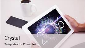  Presentation with new year - Colorful presentation design enhanced with pc against new year countdown backdrop and a  colored foreground