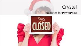  Presentation with hands holding black tablet - Amazing presentation design having pc against vintage closed sign backdrop and a  colored foreground