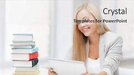  Presentation with tan book stack stacks of books - Beautiful slide set featuring pc and stack of book backdrop and a white colored foreground