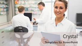  Presentation with pharmacy tablet - Slide deck enhanced with pc at the hospital pharmacy background and a light gray colored foreground