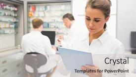  Presentation with pharmacy tablet - PPT layouts consisting of pc at the hospital pharmacy background and a light gray colored foreground