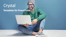  Presentation with broadcast - Beautiful presentation featuring pc broadcast - young blogger with laptop sitting backdrop and a teal colored foreground