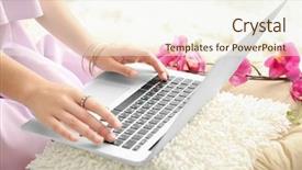  Presentation with worried young female college student - Cool new slide deck with pc broadcast - young female blogger with laptop backdrop and a cream colored foreground