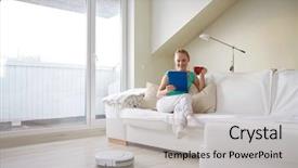  Presentation with vacuum cleaner robot - Colorful presentation theme enhanced with pc computer and robot vacuum backdrop and a light gray colored foreground