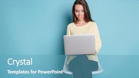  Presentation with cheerful stylish city girl using - Audience pleasing presentation theme consisting of pc computer isolated on blue backdrop and a teal colored foreground