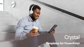  Presentation with music business - Audience pleasing slide deck consisting of pc computer listening to music backdrop and a gray colored foreground