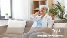  Presentation with computer music - Presentation theme featuring pc computer listening to music background and a coral colored foreground