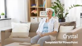  Presentation with free music - Amazing PPT layouts having pc computer listening to music backdrop and a coral colored foreground