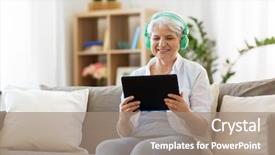  Presentation with computer music - Audience pleasing PPT theme consisting of pc computer listening to music backdrop and a coral colored foreground