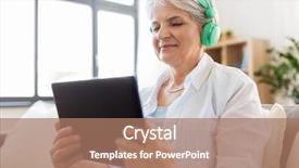  Presentation with computer music - Beautiful slide deck featuring pc computer listening to music backdrop and a coral colored foreground