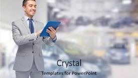  Presentation with car business - Audience pleasing PPT layouts consisting of pc computer over auto show backdrop and a light blue colored foreground