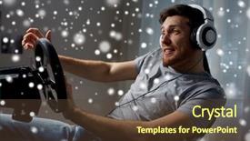  Presentation with young happy people smiling - Theme enhanced with pc computer playing car racing background and a tawny brown colored foreground