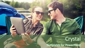  Presentation with tourism hiking - Beautiful presentation design featuring pc computer sitting on chair backdrop and a tawny brown colored foreground