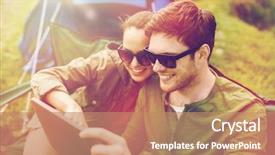  Presentation with tourism hiking - Audience pleasing presentation theme consisting of pc computer sitting on chair backdrop and a coral colored foreground