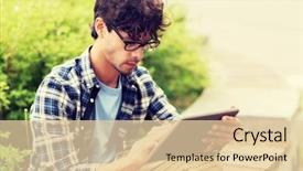  Presentation with man sitting bench - PPT layouts enhanced with pc computer sitting on city background and a lemonade colored foreground