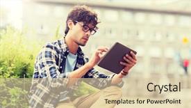  Presentation with information and communication technology in service delivery - Presentation consisting of pc computer sitting on city background and a lemonade colored foreground