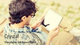  Presentation with man sitting bench - Slide set consisting of pc computer sitting on city background and a lemonade colored foreground