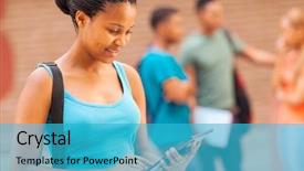  Presentation with college-campus - Amazing PPT theme having pc education - beautiful female african college student backdrop and a teal colored foreground