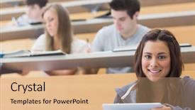  Presentation with lecture hall - Slide deck enhanced with pc education - smiling student taking notes background and a coral colored foreground