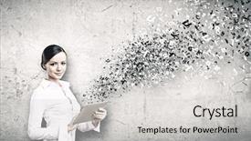  Presentation with hands holding black tablet - Colorful slides enhanced with pc in hands and letter backdrop and a light gray colored foreground