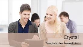  Presentation with technology students - Presentation theme featuring pc in lecture at school background and a soft green colored foreground