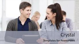  Presentation with technology education - Colorful slide set enhanced with pc in lecture at school backdrop and a light gray colored foreground